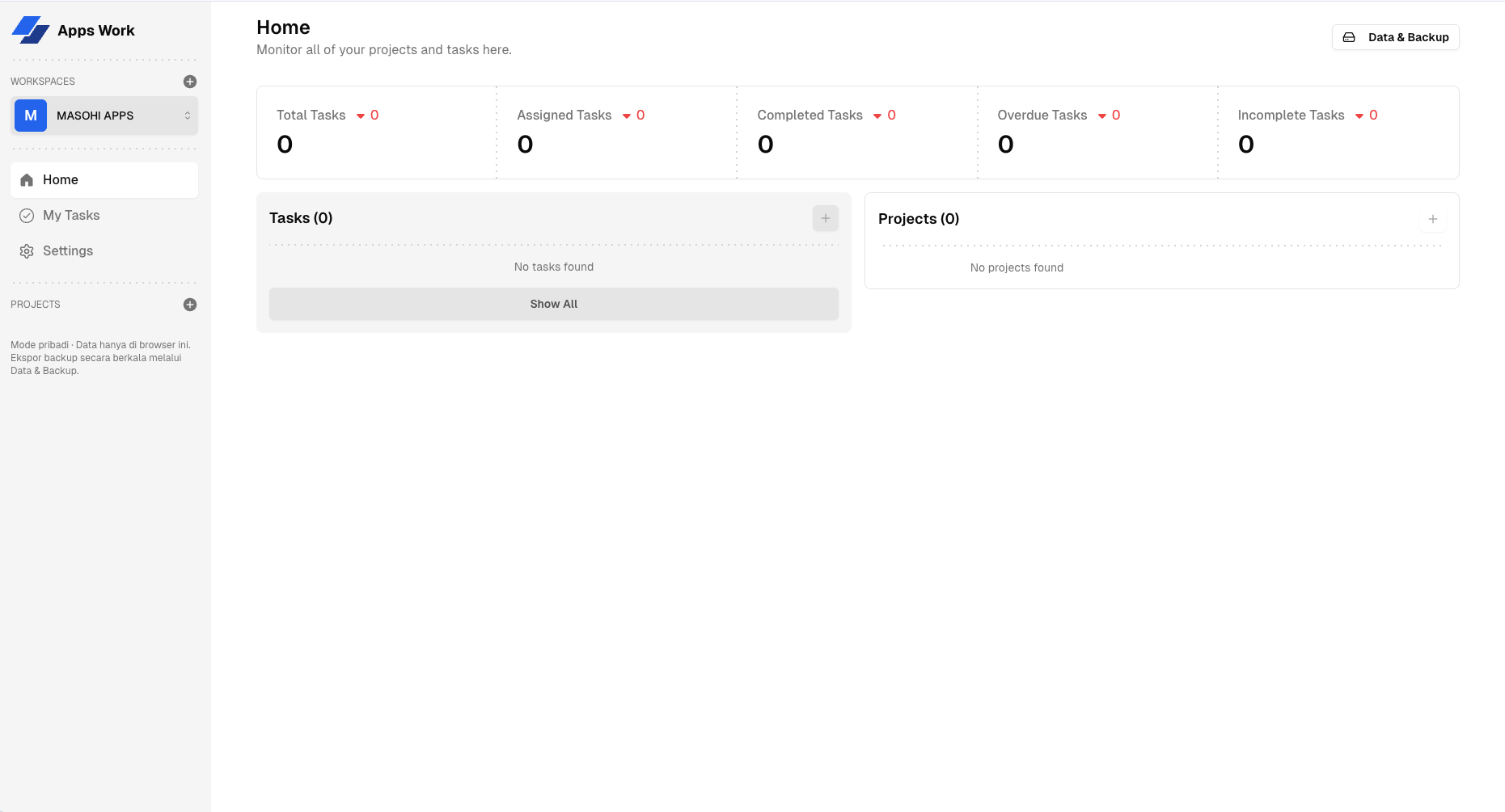 Tampilan Apps Work dengan sidebar workspace, daftar proyek, dan papan Kanban tugas.